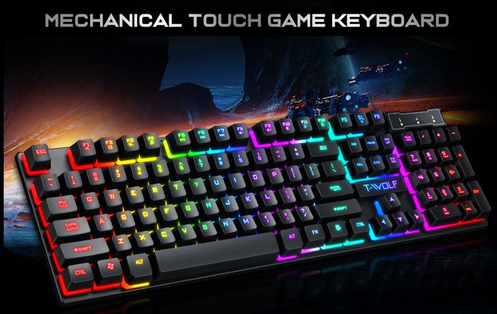T-wolf T20 Wired Membrane Keyboard Computer Colorful Backlight Office Characters Illuminated - Black T-wolf T20 Wired Membrane Keyboard Computer Colorful Backlight Office Characters Illuminated - Black