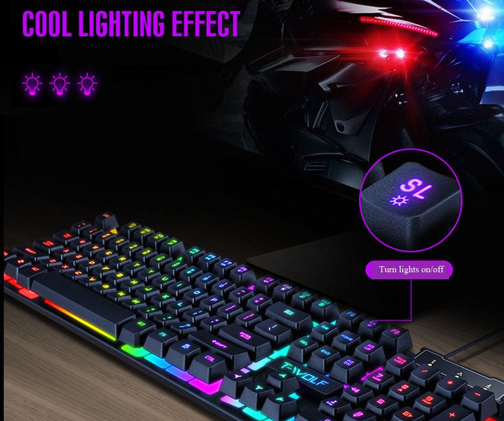 T-wolf T20 Wired Membrane Keyboard Computer Colorful Backlight Office Characters Illuminated - Black T-wolf T20 Wired Membrane Keyboard Computer Colorful Backlight Office Characters Illuminated - Black