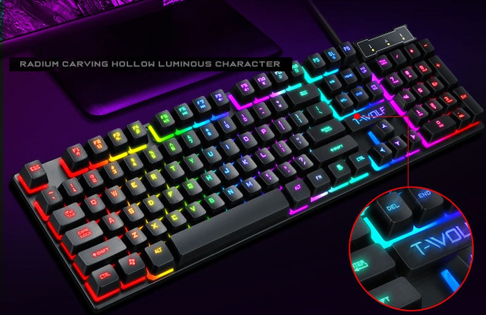 T-wolf T20 Wired Membrane Keyboard Computer Colorful Backlight Office Characters Illuminated - Black T-wolf T20 Wired Membrane Keyboard Computer Colorful Backlight Office Characters Illuminated - Black