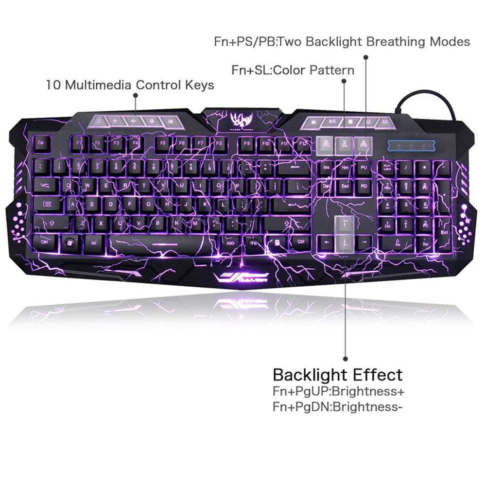 Tri-Color Backlit Computer Gaming USB Powered Full N-Key Game Keyboard - Black Tri-Color Backlit Computer Gaming USB Powered Full N-Key Game Keyboard - Black